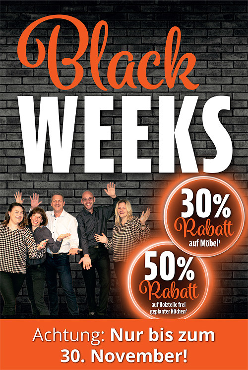 Black Weeks bei Möbel Strobel: 30% Rabatt auf Möbel! 50% Rabatt auf Holzteile frei geplanter Küchen! Nur bis zum 30. November!